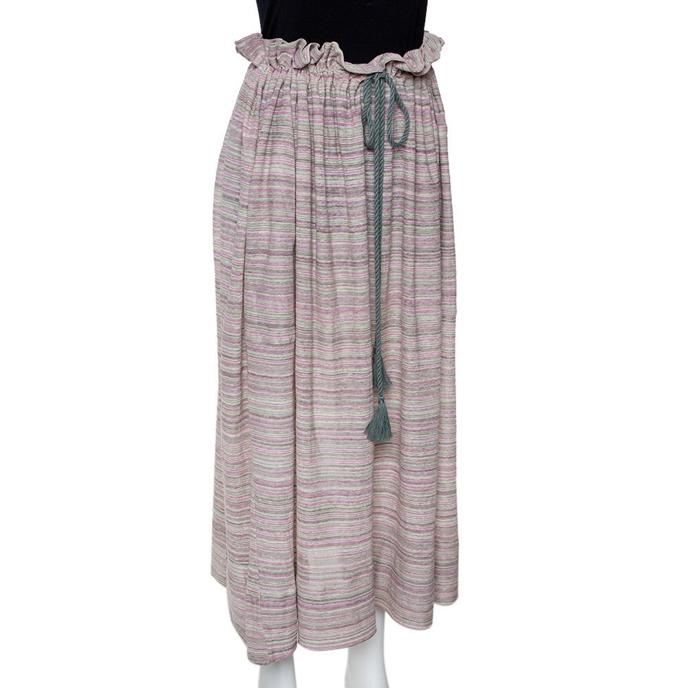 

Missoni Pale Green Striped Knit Ruffled Waist Midi Skirt