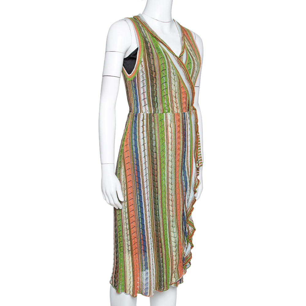 

Missoni Green Striped Pointelle Knit Ruffled Wrap Dress