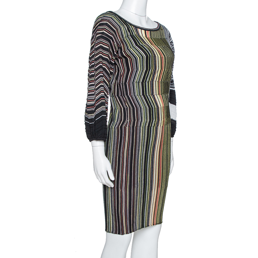 

M Missoni Black Striped Wool Knit Fitted Dress