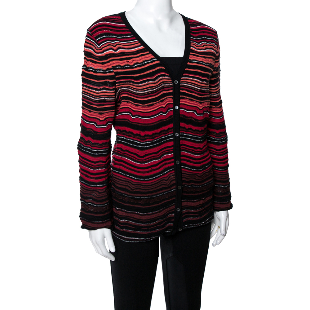 

M Missoni Red Wavy Textured Knit Button Front Cardigan