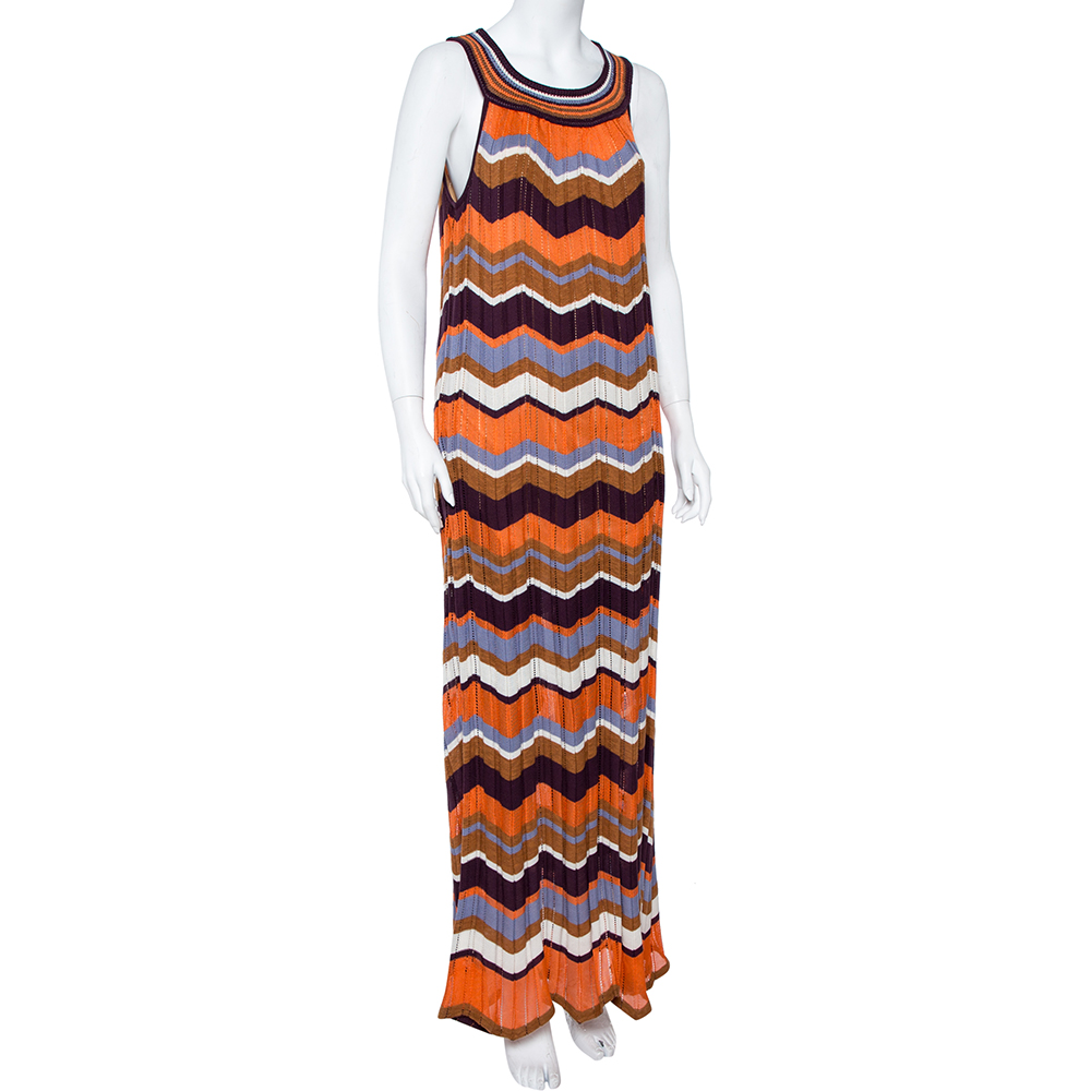 

M Missoni Multicolor Zig Zag Pattern Perforated Knit Sleeveless Dress