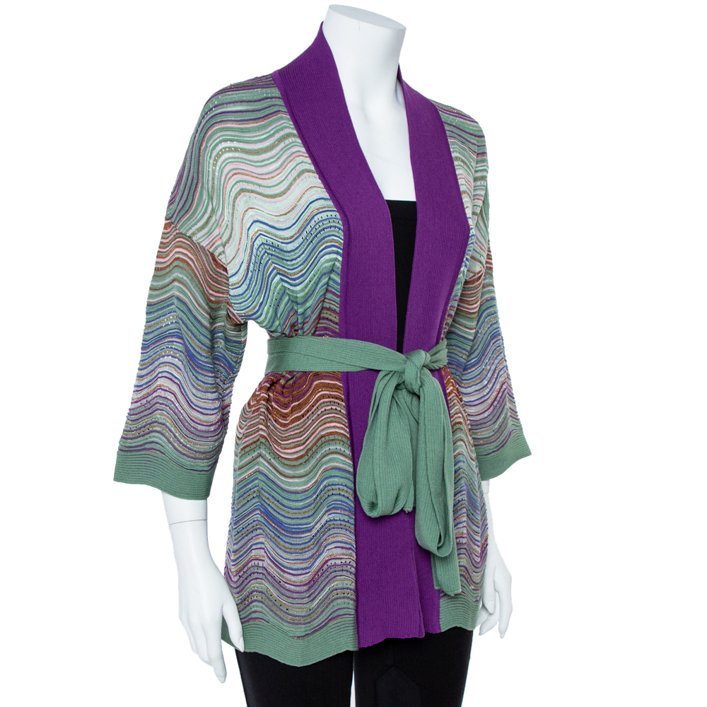 

Missoni Purple Wool Blend Pointelle Knit Belted Cardigan