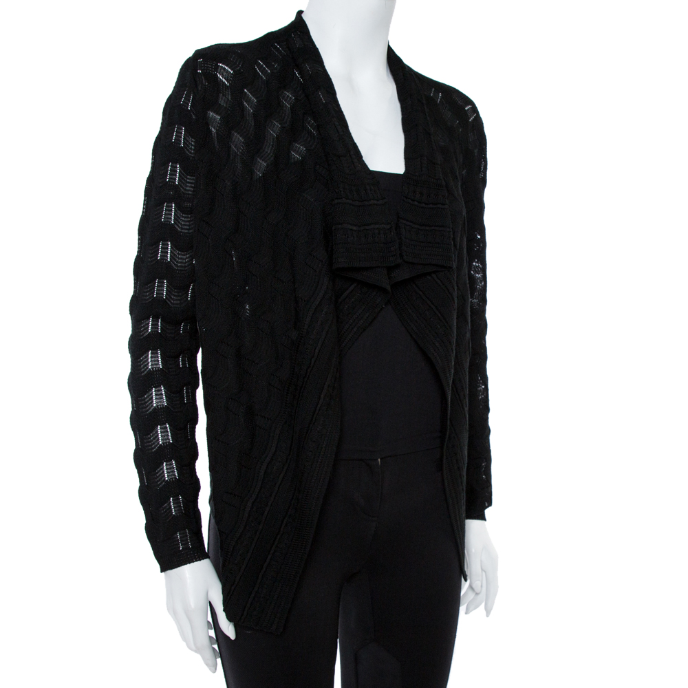 

M Missoni Black Wave Knit Waterfall Collar Open Front Cardigan