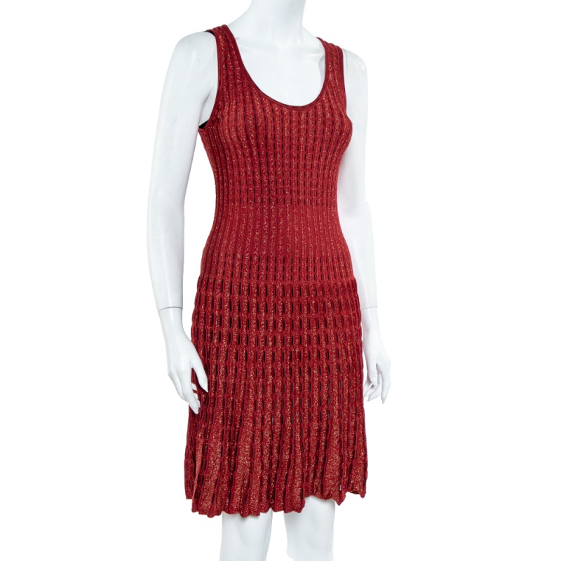 

M Missoni Crimson Red Perforated Lurex Knit Sleeveless Fit & Flare Dress