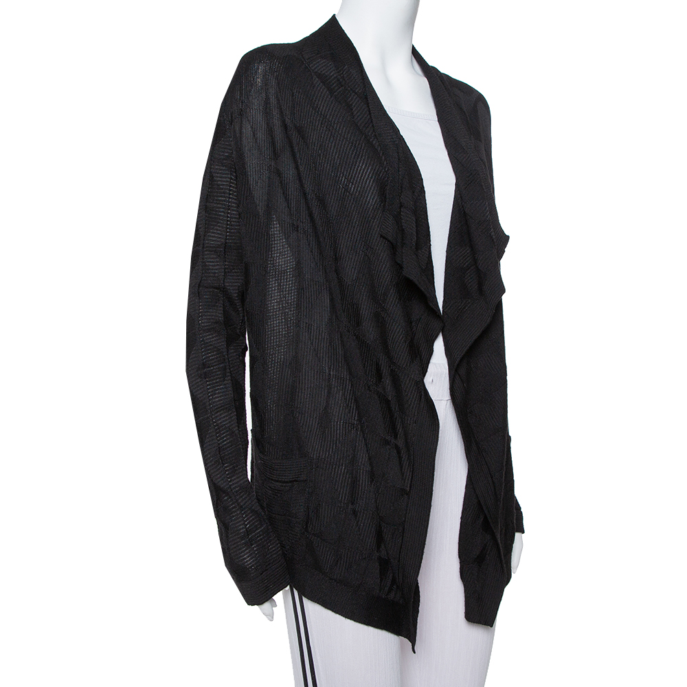 

M Missoni Black Knit Waterfall Collar Open Front Cardigan