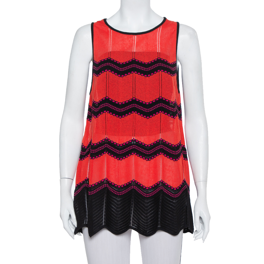 

M Missoni Red & Black Zig Zag Pattern Knit Tank Top & Open Front Cardigan