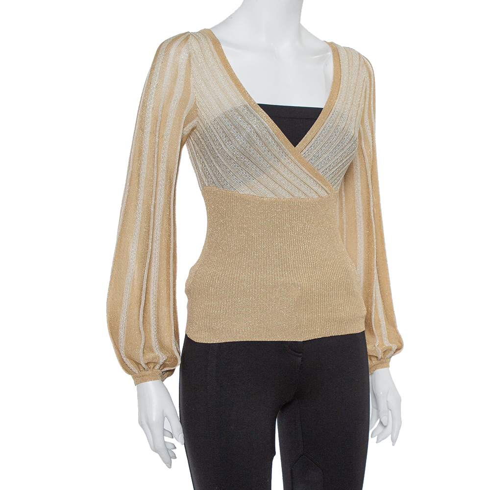 

M Missoni Metallic Gold Perforated Knit Fitted Long Sleeve Top