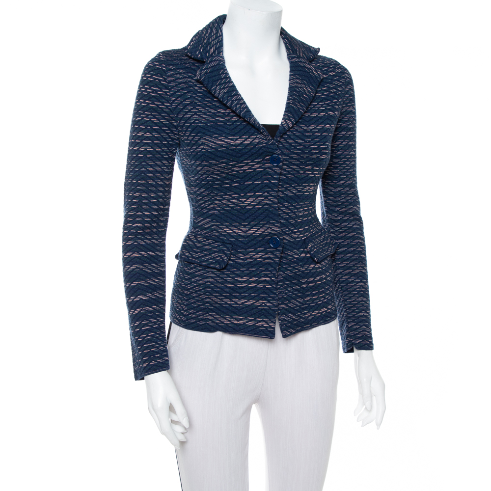 

M Missoni Navy Blue Jacquard Knit Button Front Blazer