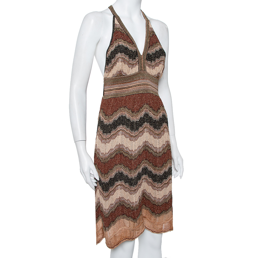 

M Missoni Multicolor Lurex Knit Open Back Mini Dress, Brown