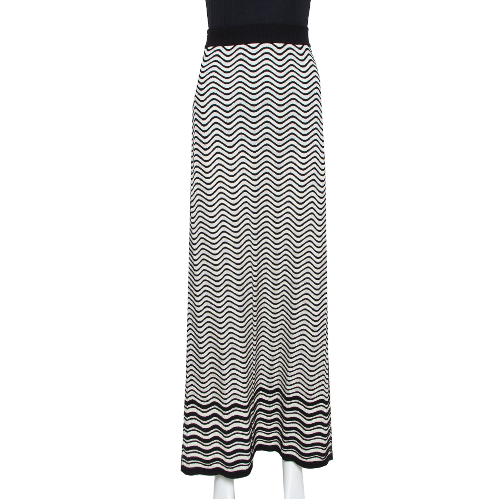 Pre-owned M Missoni Monochrome Wave Patterned Knit Maxi Skirt M In Cream