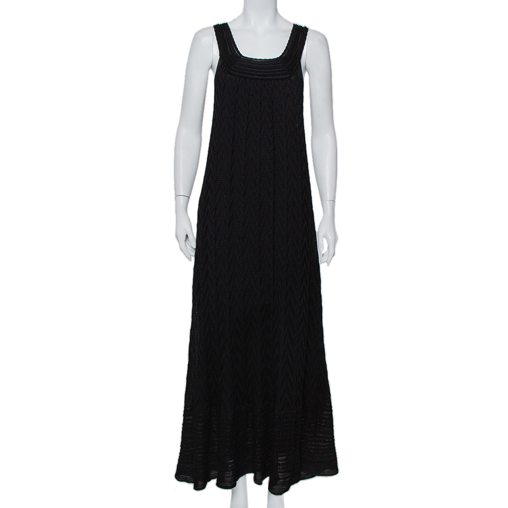 Pre-owned M Missoni Black Knit Chevron Pattern Sleeveless Maxi Dress L