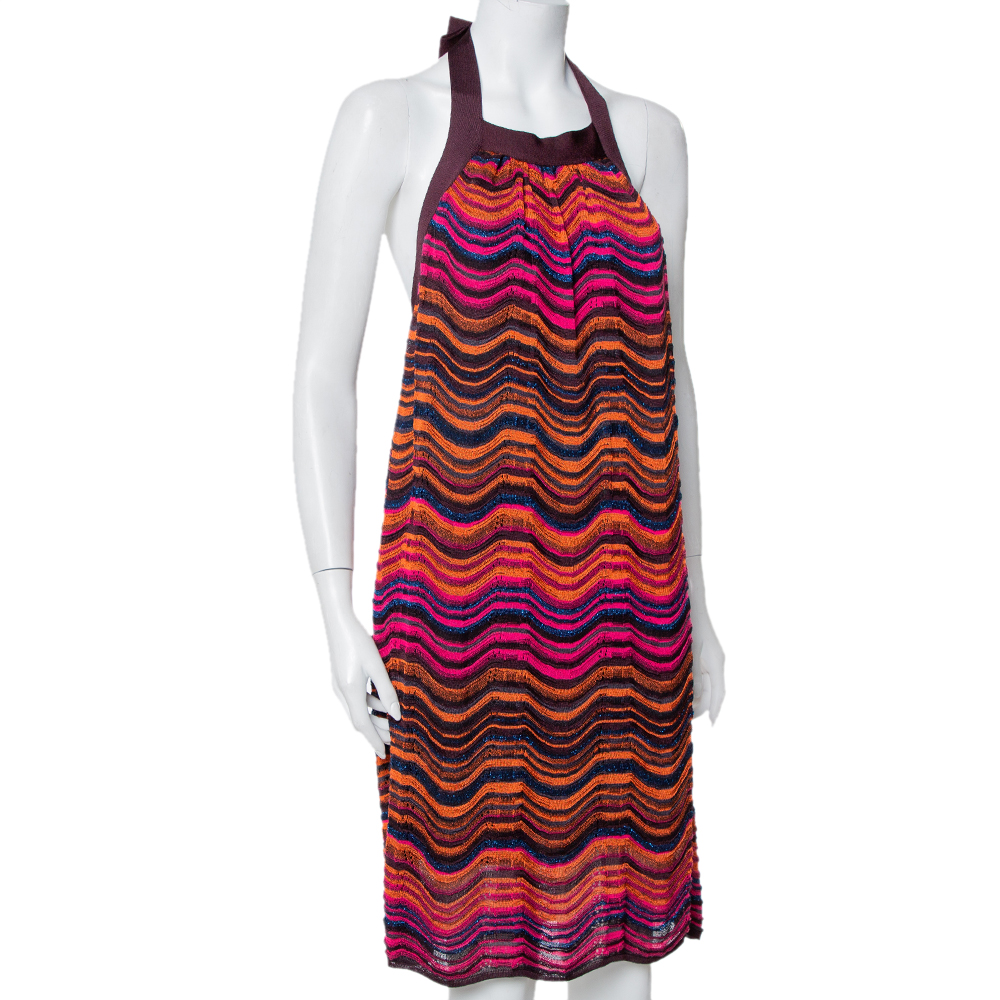 

Missoni Multicolor Wave Pattern Lurex Knit Halter Neck Shift Dress