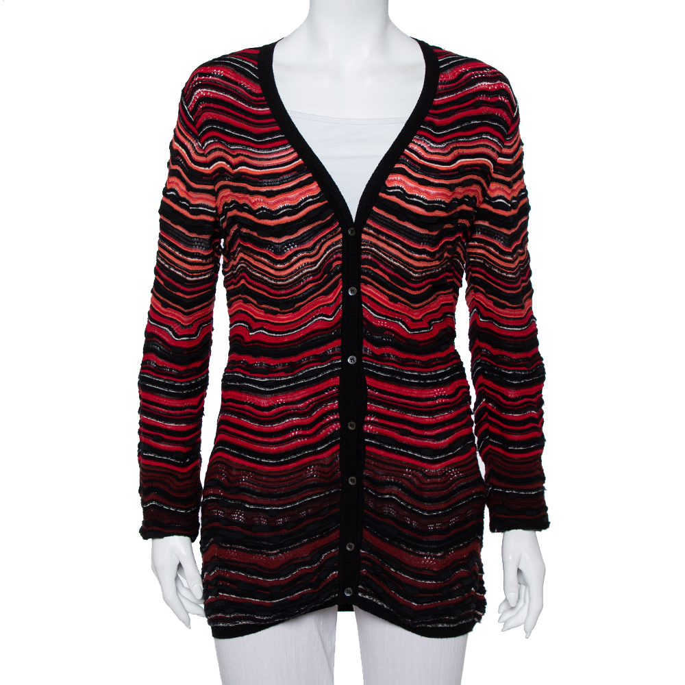 Pre-owned M Missoni Red Wavy Textured Knit Button Front Cardigan L