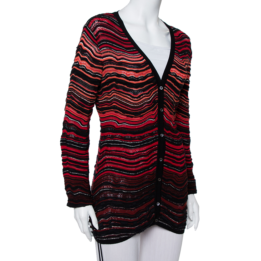 

M Missoni Red Wavy Textured Knit Button Front Cardigan
