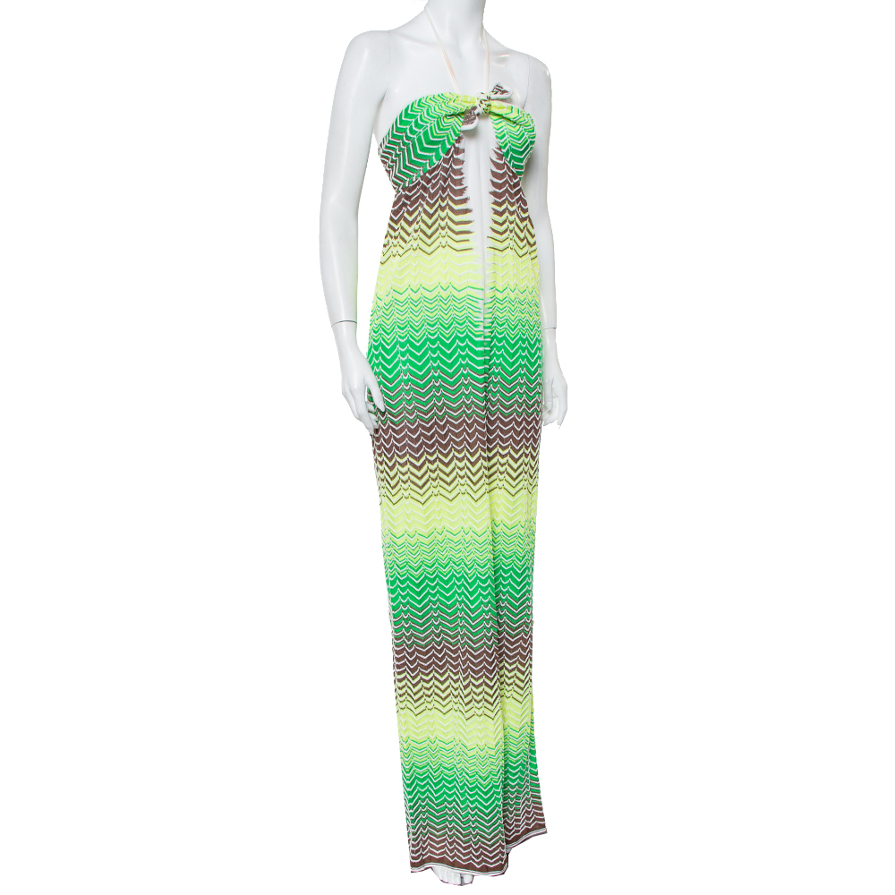 

Missoni Multicolor Chevron Patterned Knit Halter Neck Maxi Dress