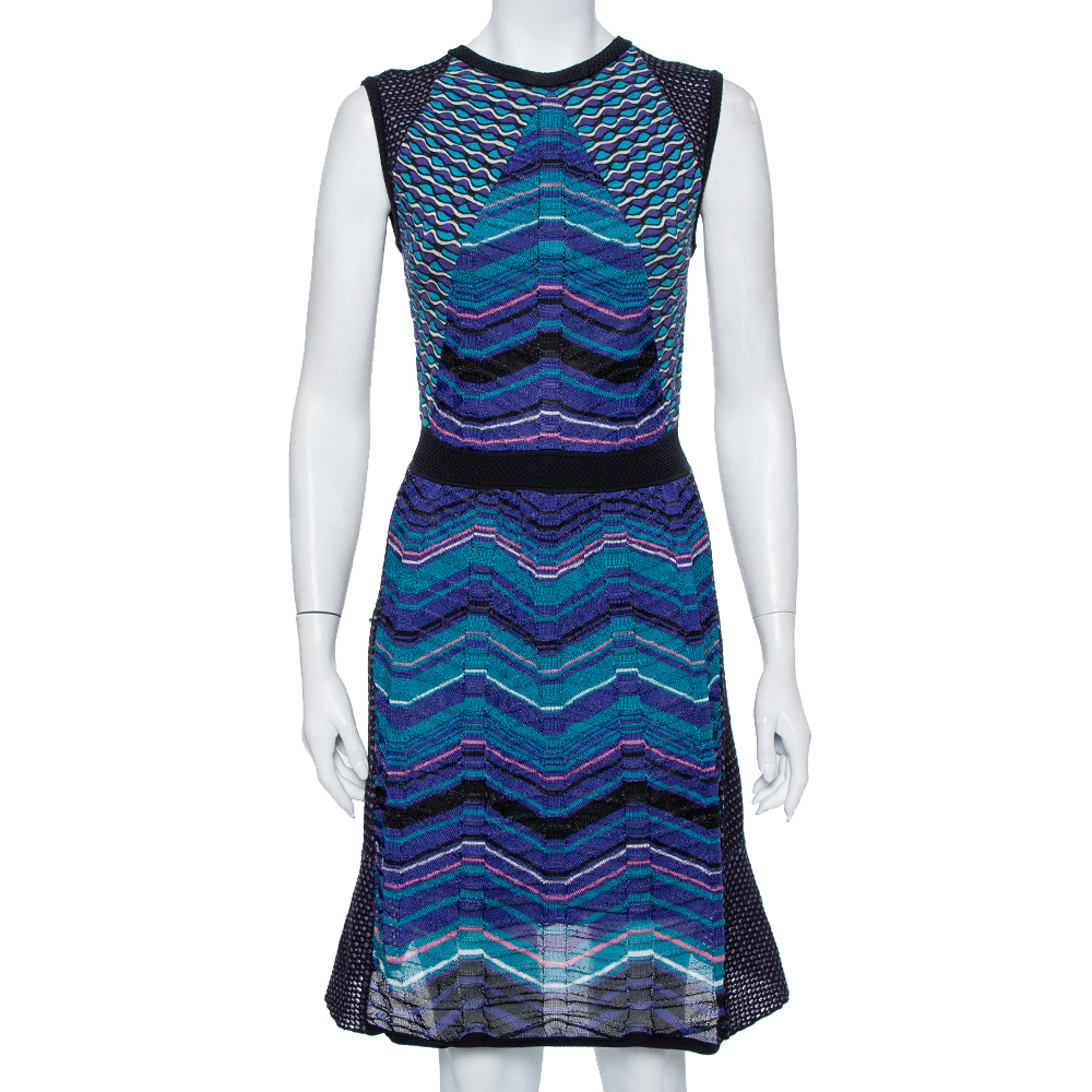 Pre-owned M Missoni Blue Patterned Knit Paneled Short Dress M