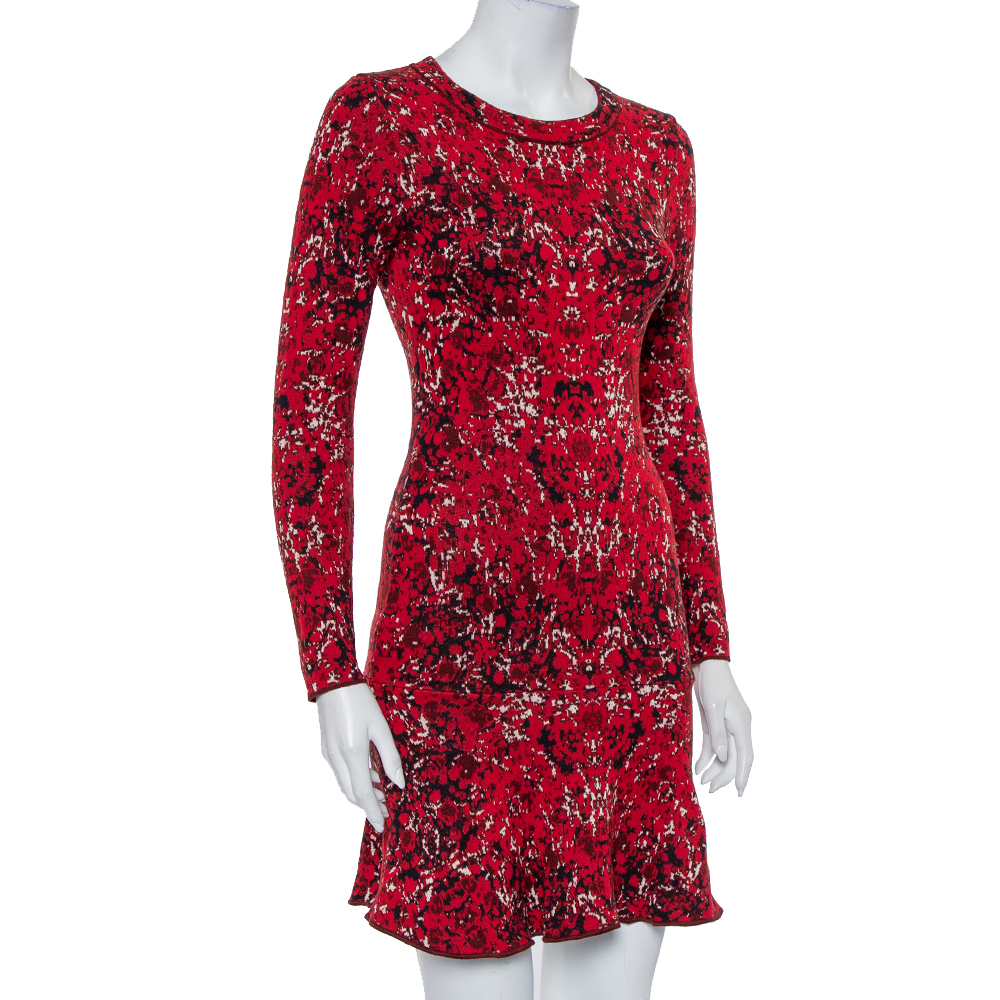 

Missoni Red Jacquard Knit Flared Hem Long Sleeve Mini Dress