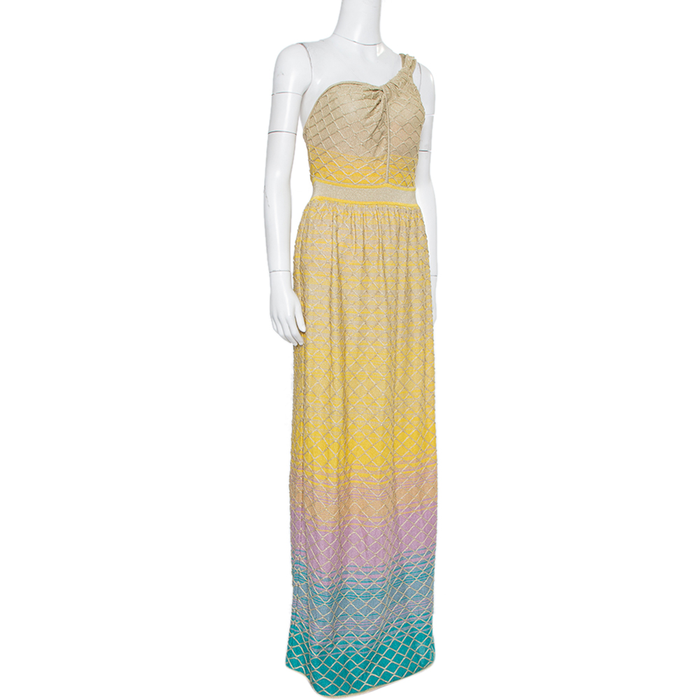 

M Missoni Multicolor Ombre Textured Lurex Knit One Shoulder Maxi Dress