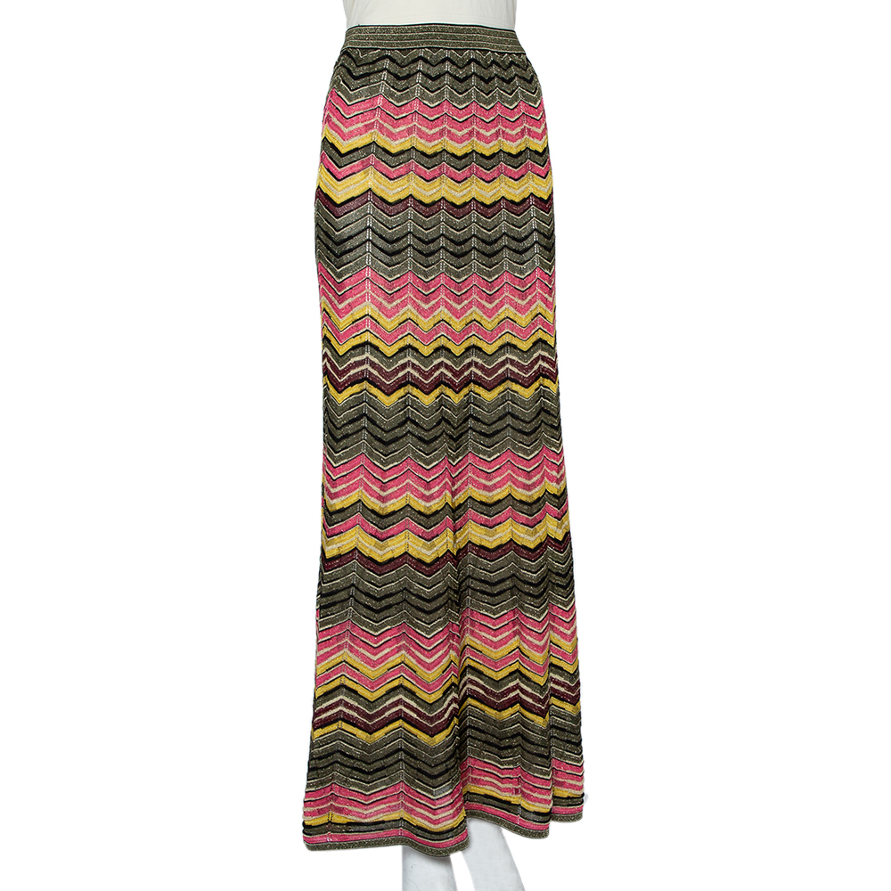 

M Missoni Multicolor Zig Zag Patterned Lurex Knit Maxi Skirt