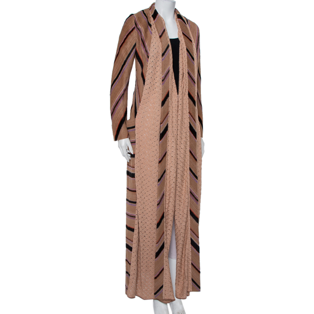 

M Missoni Beige Alpaca Wool & Pointelle Knit Trim Long Coat