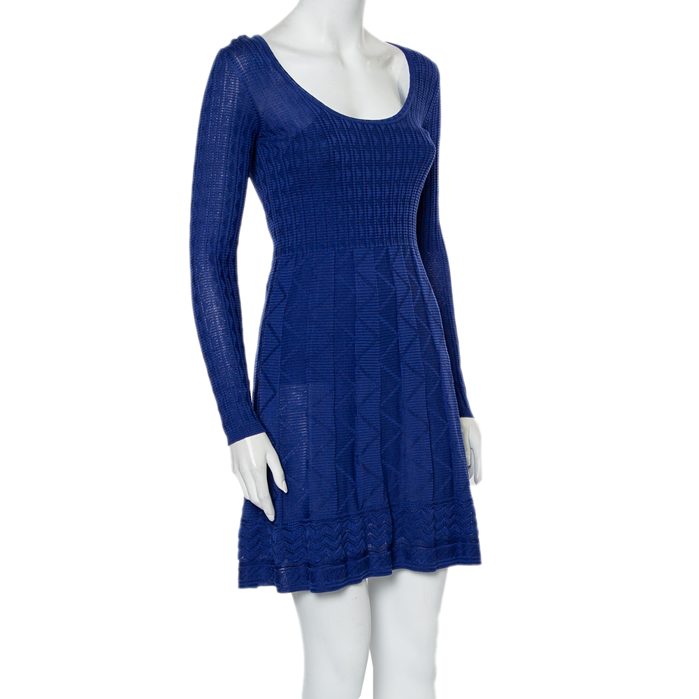 

M Missoni Blue Patterned Knit Scoop Neck Skater Dress