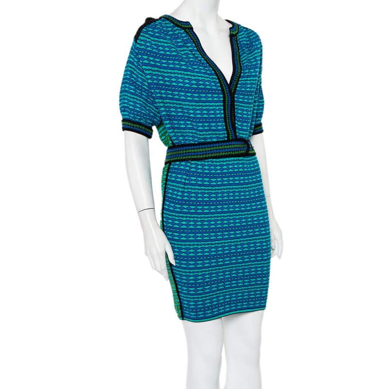 

M Missoni Blue and Green Patterned Knit Belted Tunic Dress