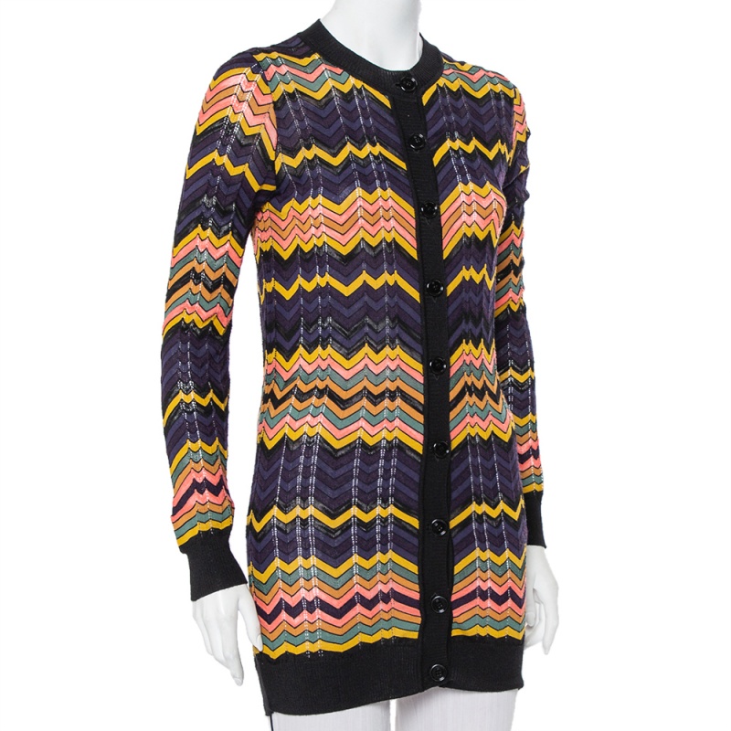 

M Missoni Multicolor Chevron Patterned Perforated Knit Long Cardigan