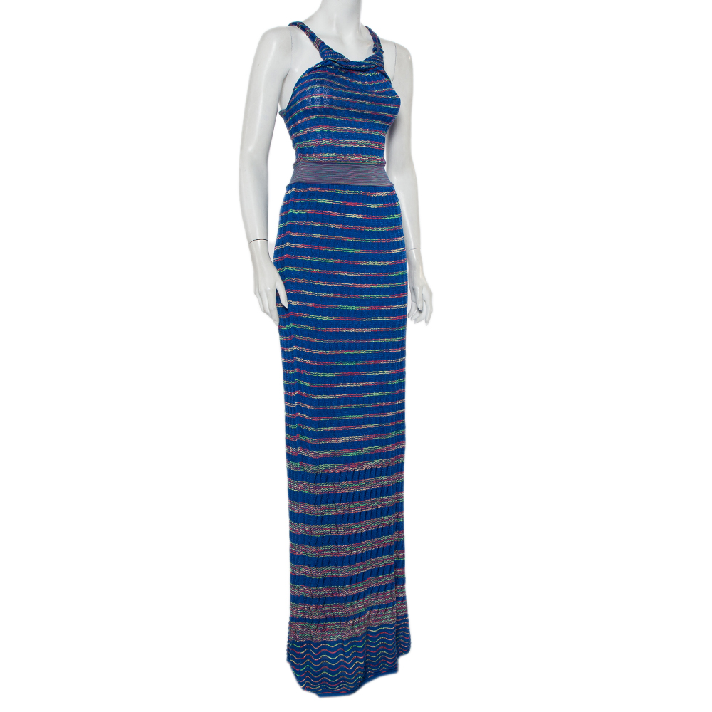

M Missoni Blue Patterned Knit Twist Neck Detail Maxi Dress