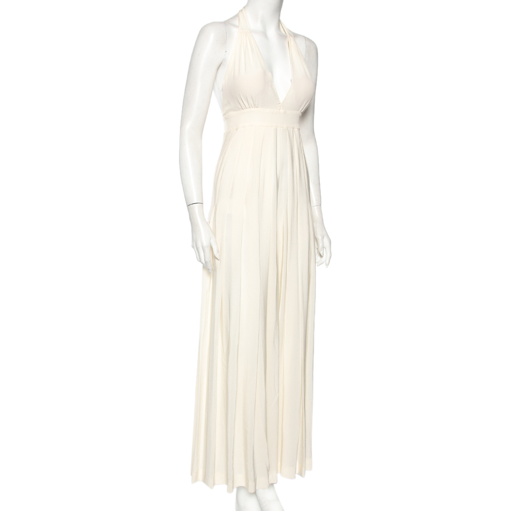 

M Missoni Cream Silk Pleated Wide Leg Detail Halterneck Jumpsuit