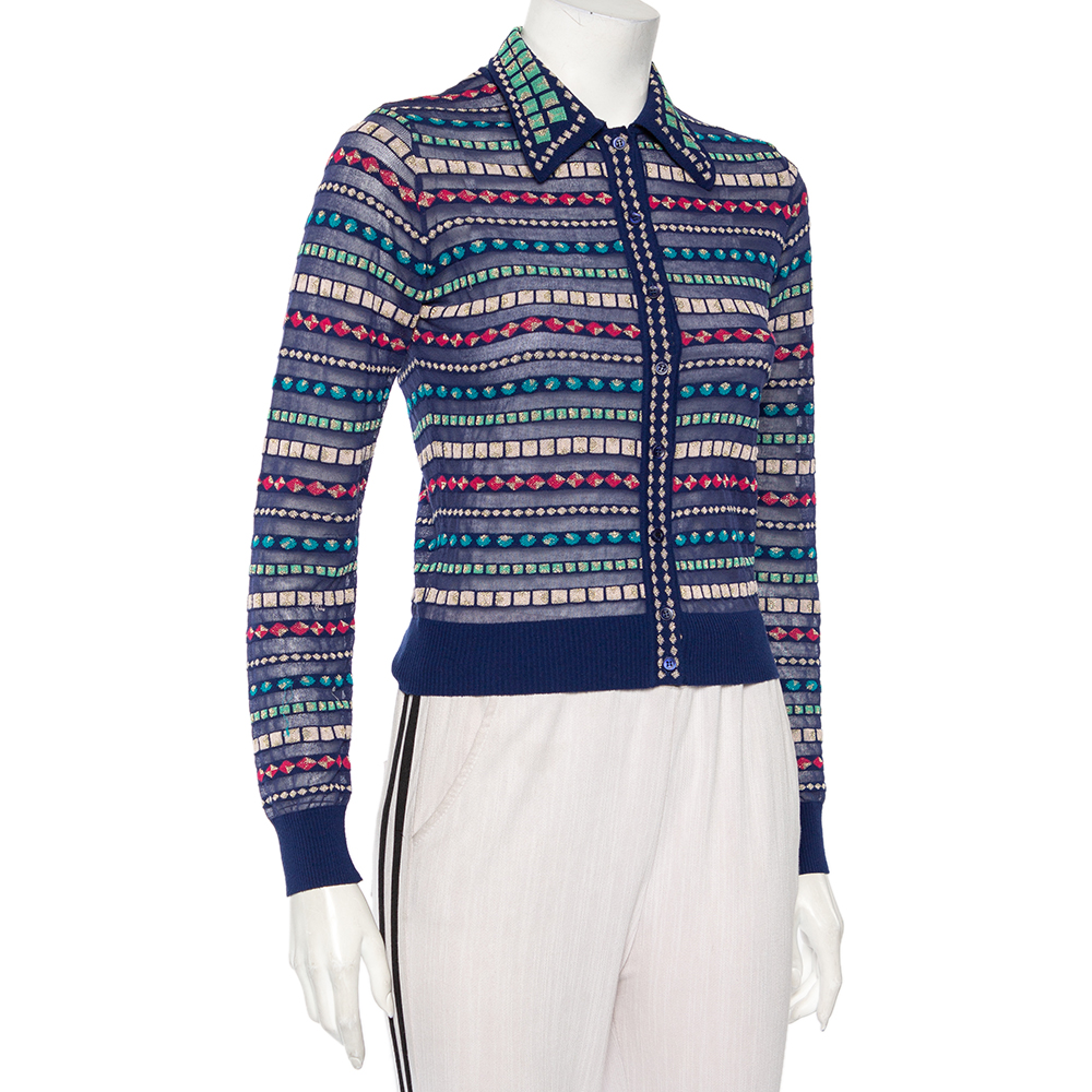 

M Missoni Navy Blue Lurex Knit Button Front Top