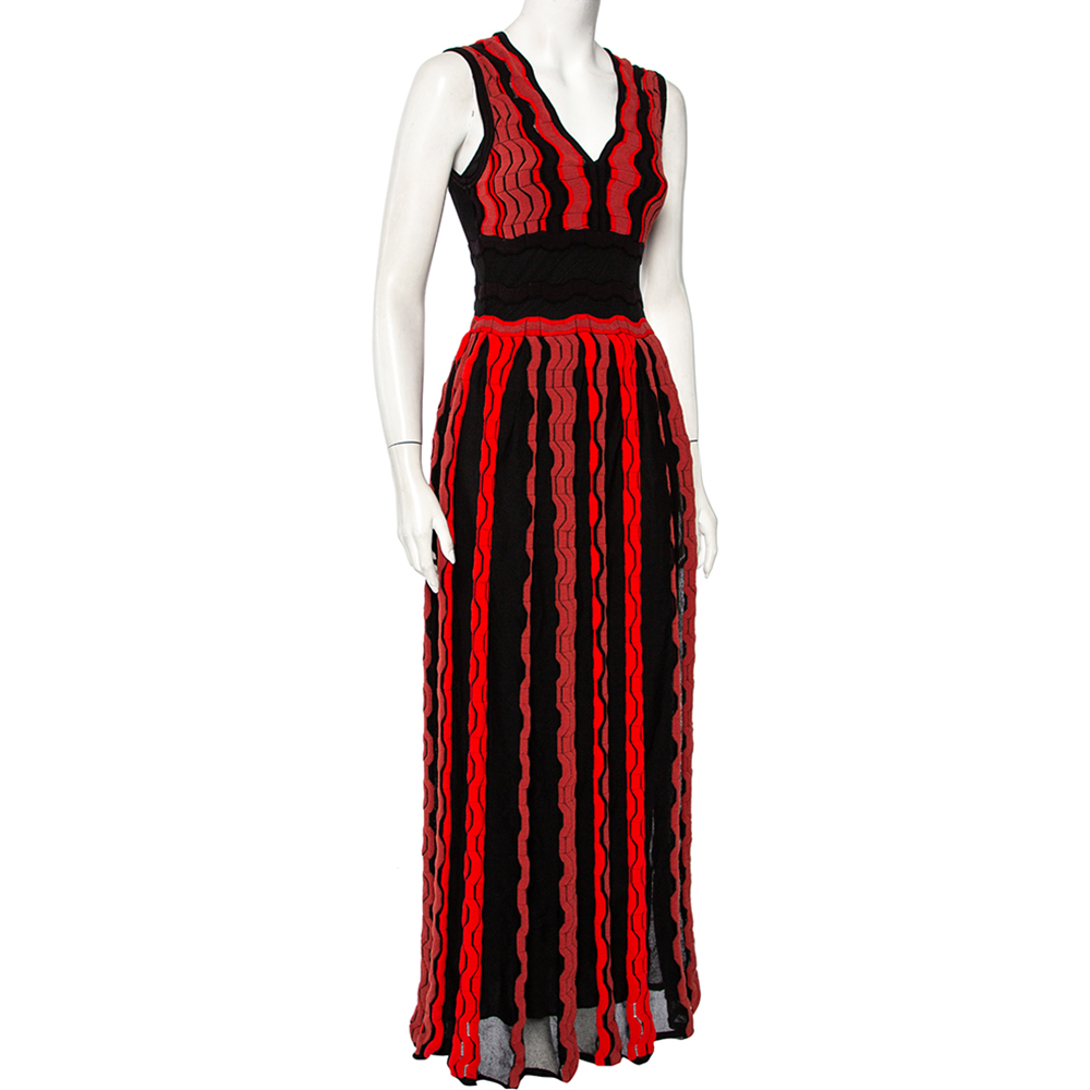 

M Missoni Black & Red Knit Pleated Sleeveless Maxi Dress