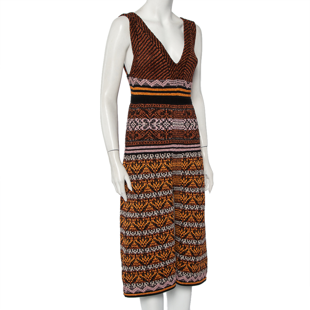 

M Missoni Multicolor Patterned Lurex Knit Plunge Neck Sleeveless Midi Dress