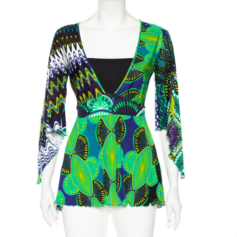

Missoni Green Abstract Printed Jersey Embellished Detail Tunic