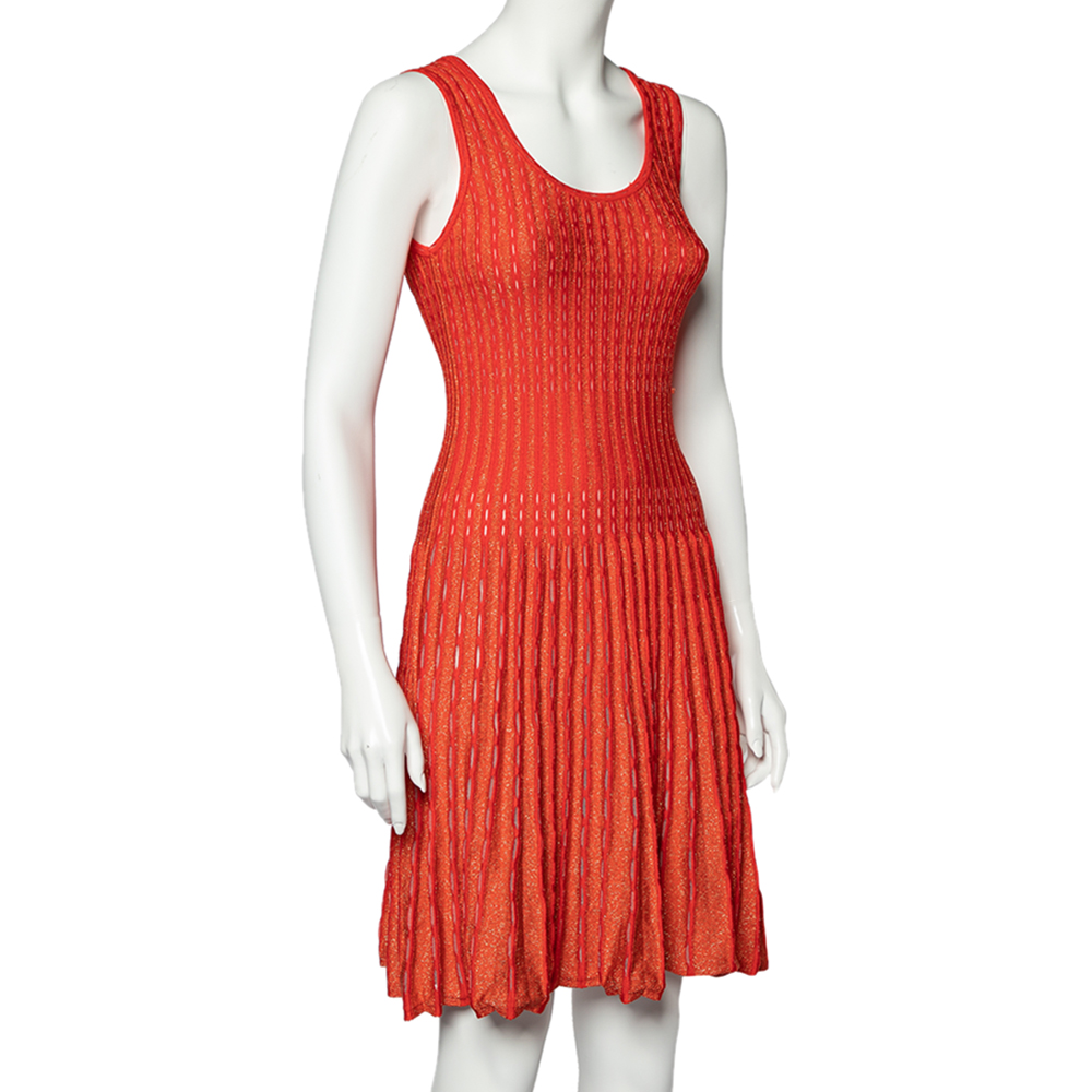 

M Missoni Orange Perforated Lurex Knit Sleeveless Fit & Flare Dress