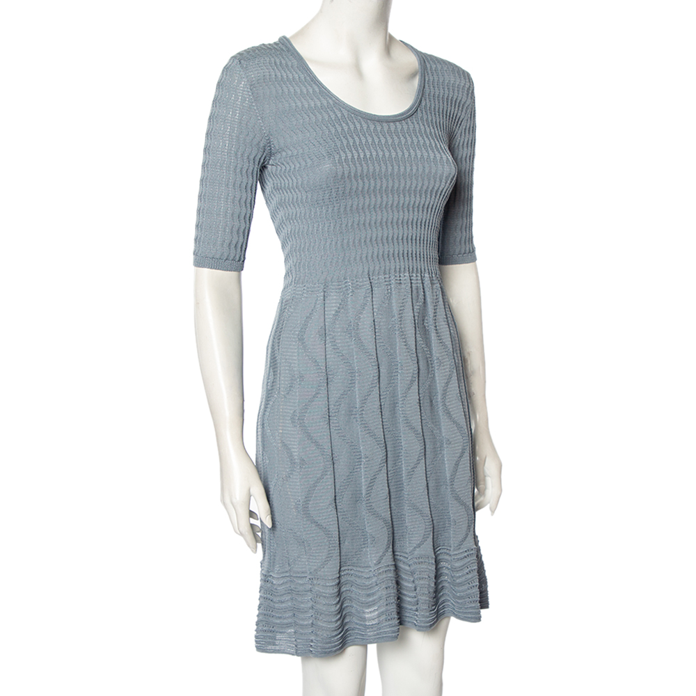 

M Missoni Grey Textured Knit Smocked Detail Flared Dress