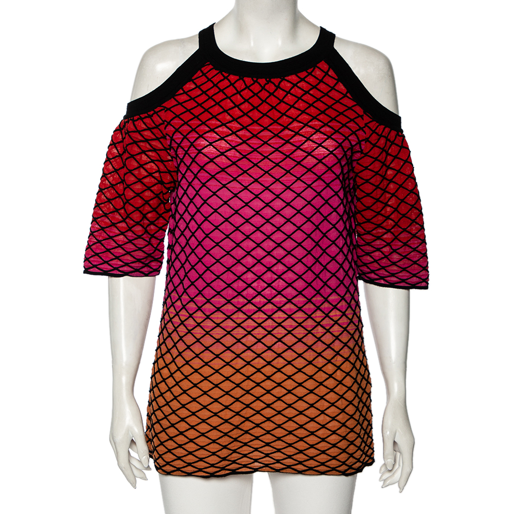 Youll find occasions to wear this beautiful top from M Missoni which will make hearts flutter wherever you go It is made of a cotton blend and features a creatively designed multicolored exterior along with a cold shoulder design. Pair it with solid colored pants and sandals for an elegant and sophisticated look.