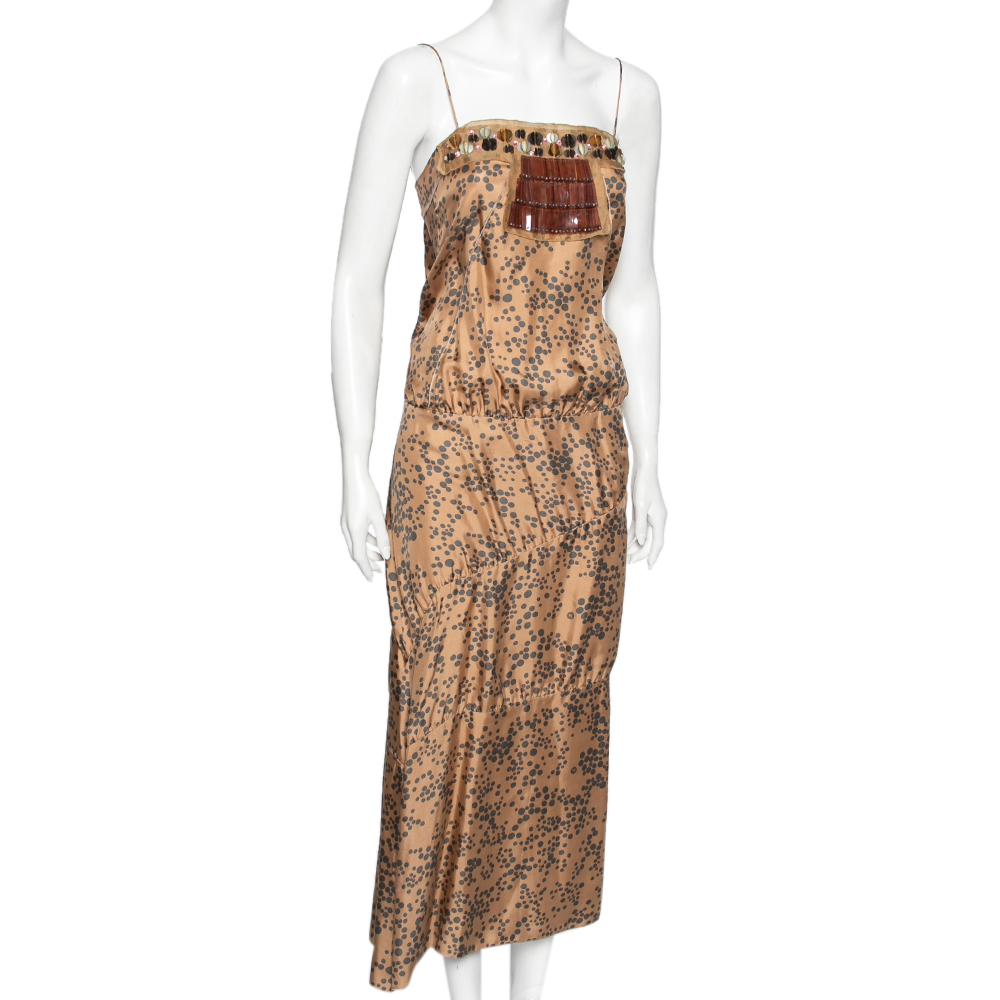 

M Missoni Brown Printed Silk Embellished Detailed Sleeveless Dress