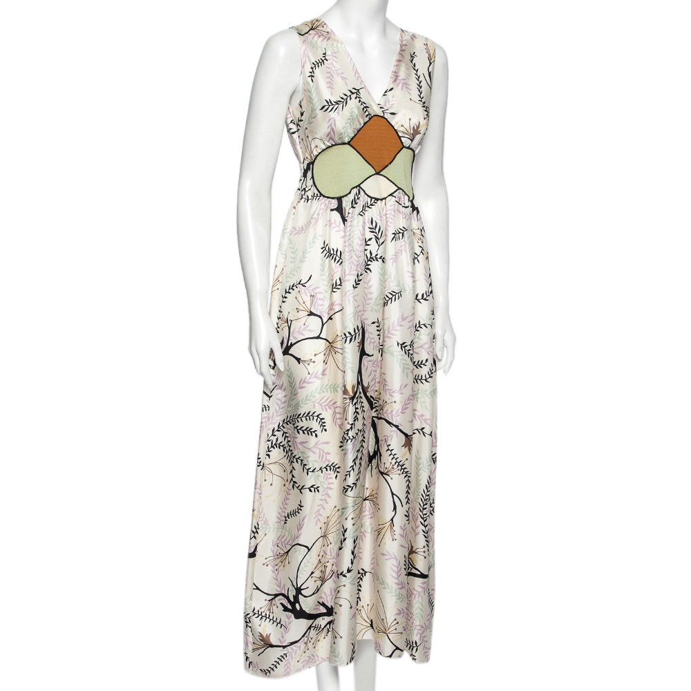 

M Missoni Ivory Printed Silk & Knit Applique Detailed Sleeveless Dress, White