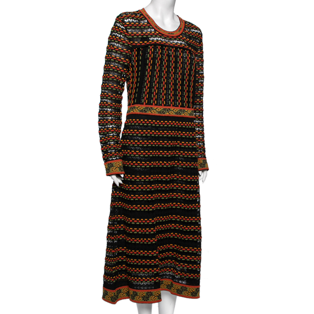 

M Missoni Multicolor Patterned Knit Long Sleeve Midi Dress