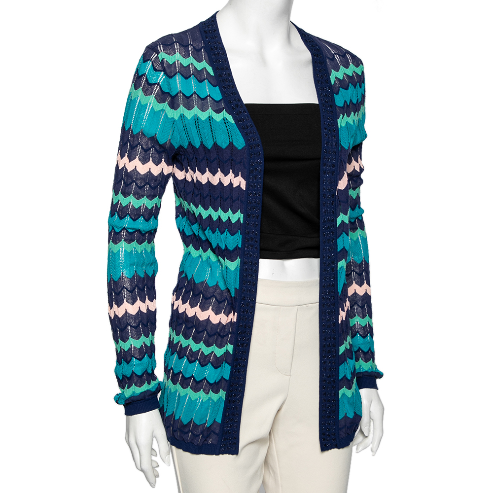 

M Missoni Blue Patterned Knit Open Front Cardigan