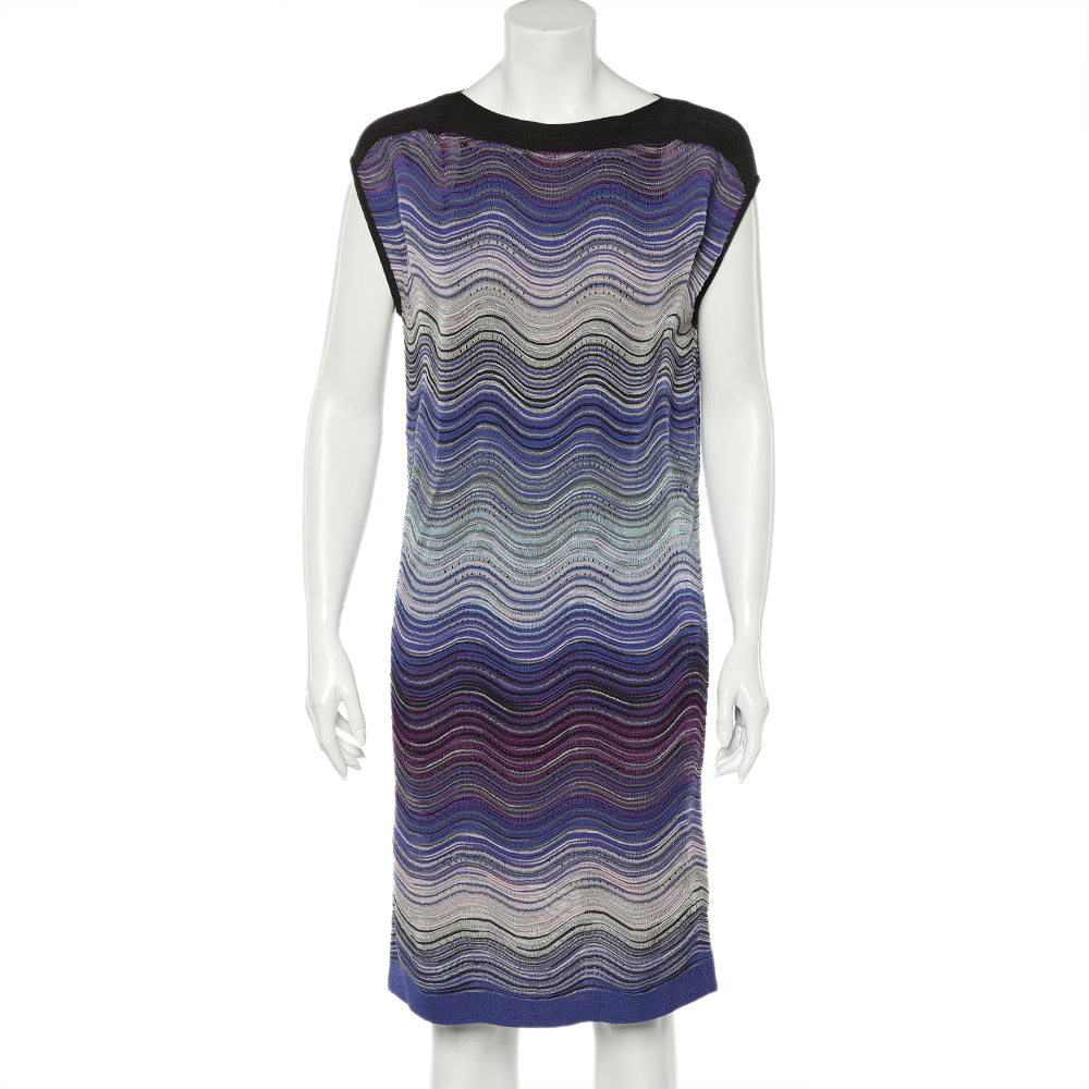 

M Missoni Blue Wave Pattern Lurex Knit Shift Dress