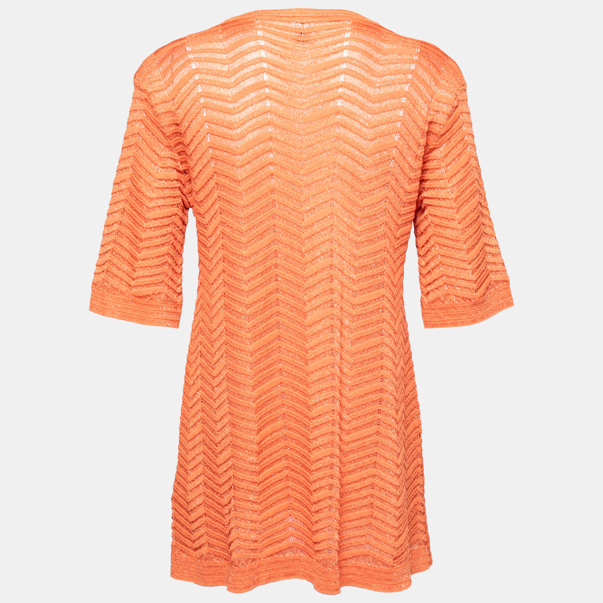 

M Missoni Orange Patterned Lurex Knit Round Neck Top