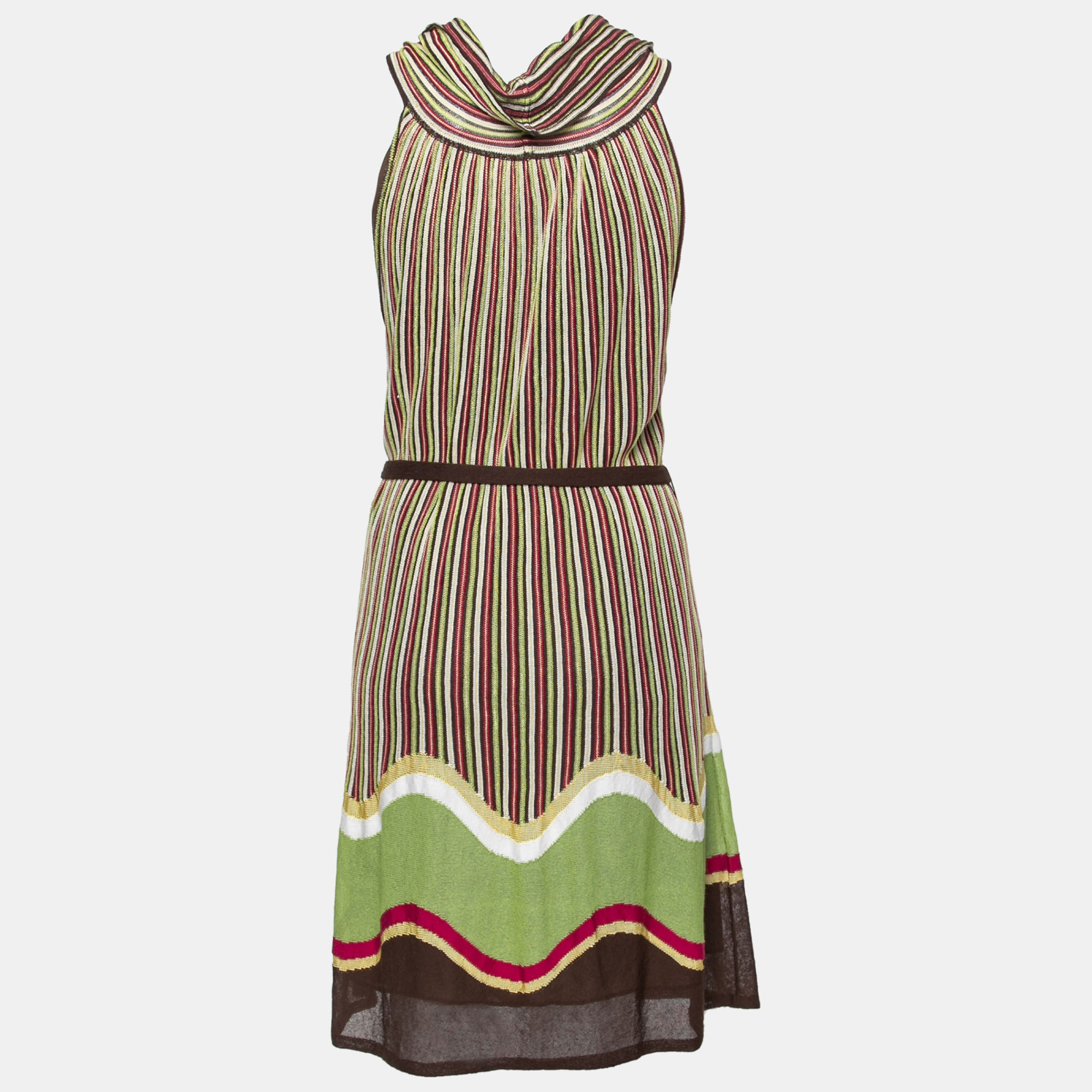

Missoni Multicolor Textured Knit Turtleneck Sleeveless Belted Dress