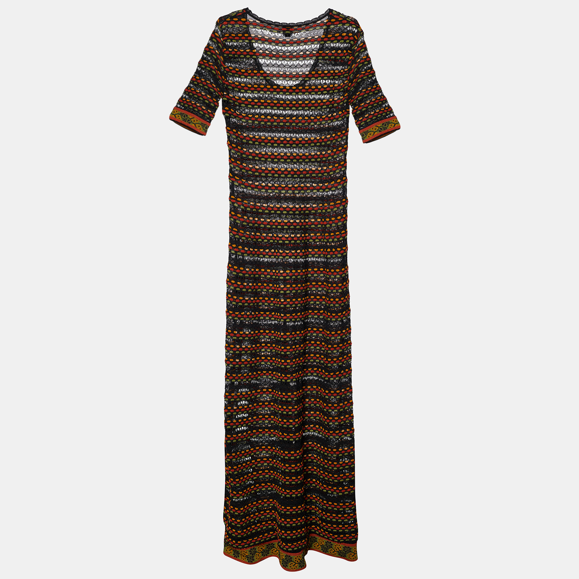 

M Missoni Black Striped Pattern Crochet Knit Maxi Dress