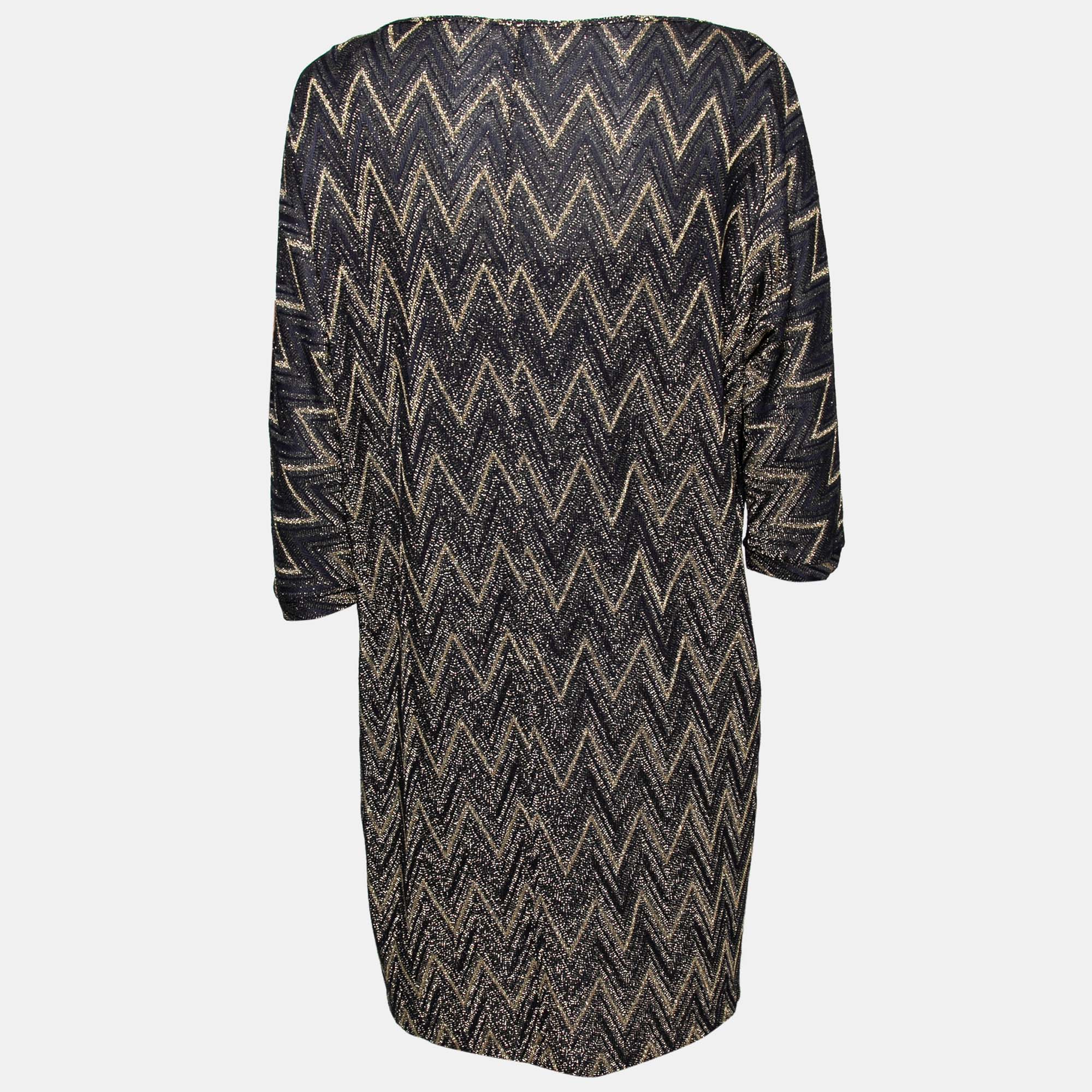 

M Missoni Navy Blue & Gold Chevron Pattern Lurex Knit Dress