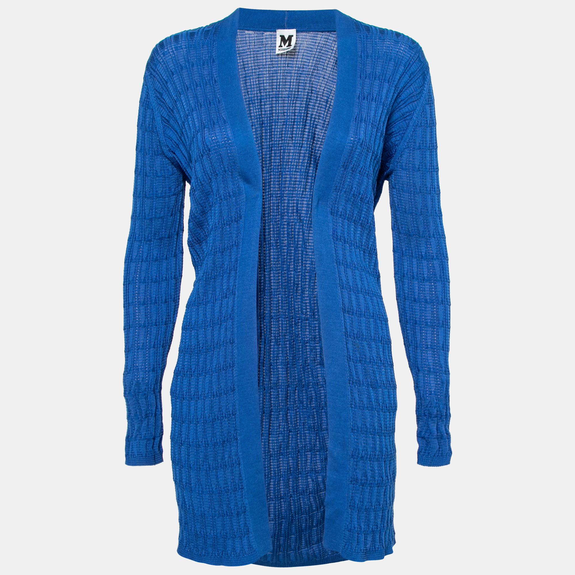 

M Missoni Blue Ribbed Knit Open Front Cardigan M