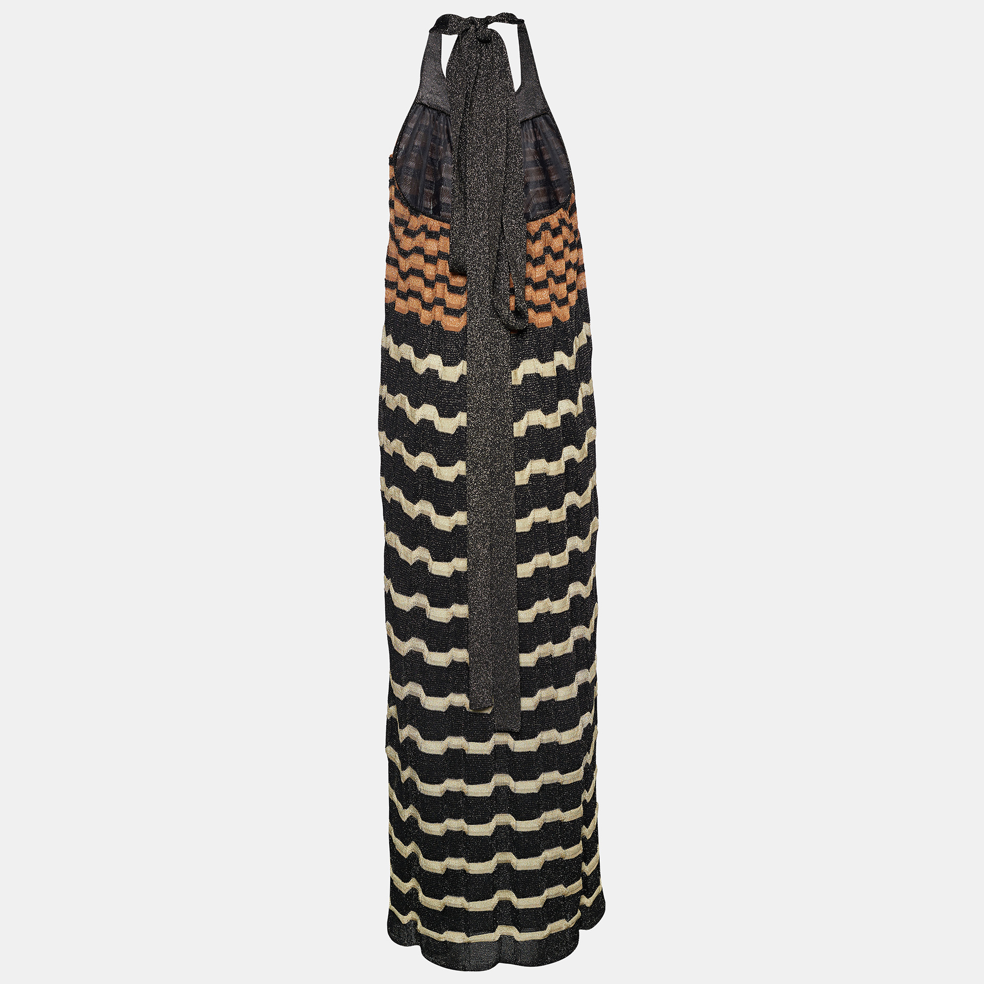 

Missoni Multicolor Patterned Lurex Knit Halter Tie Neck Maxi Dress