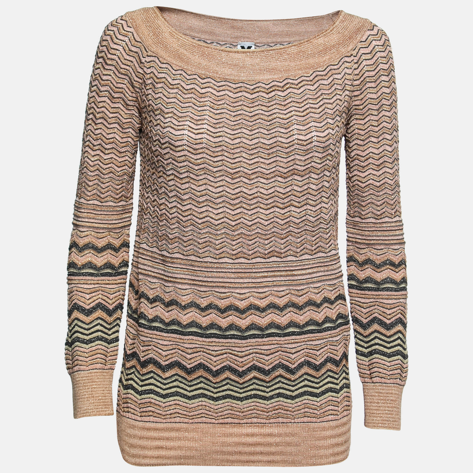 Pre-owned M Missoni Beige Chevron Patterned Lurex Knit Top M In Multicolor