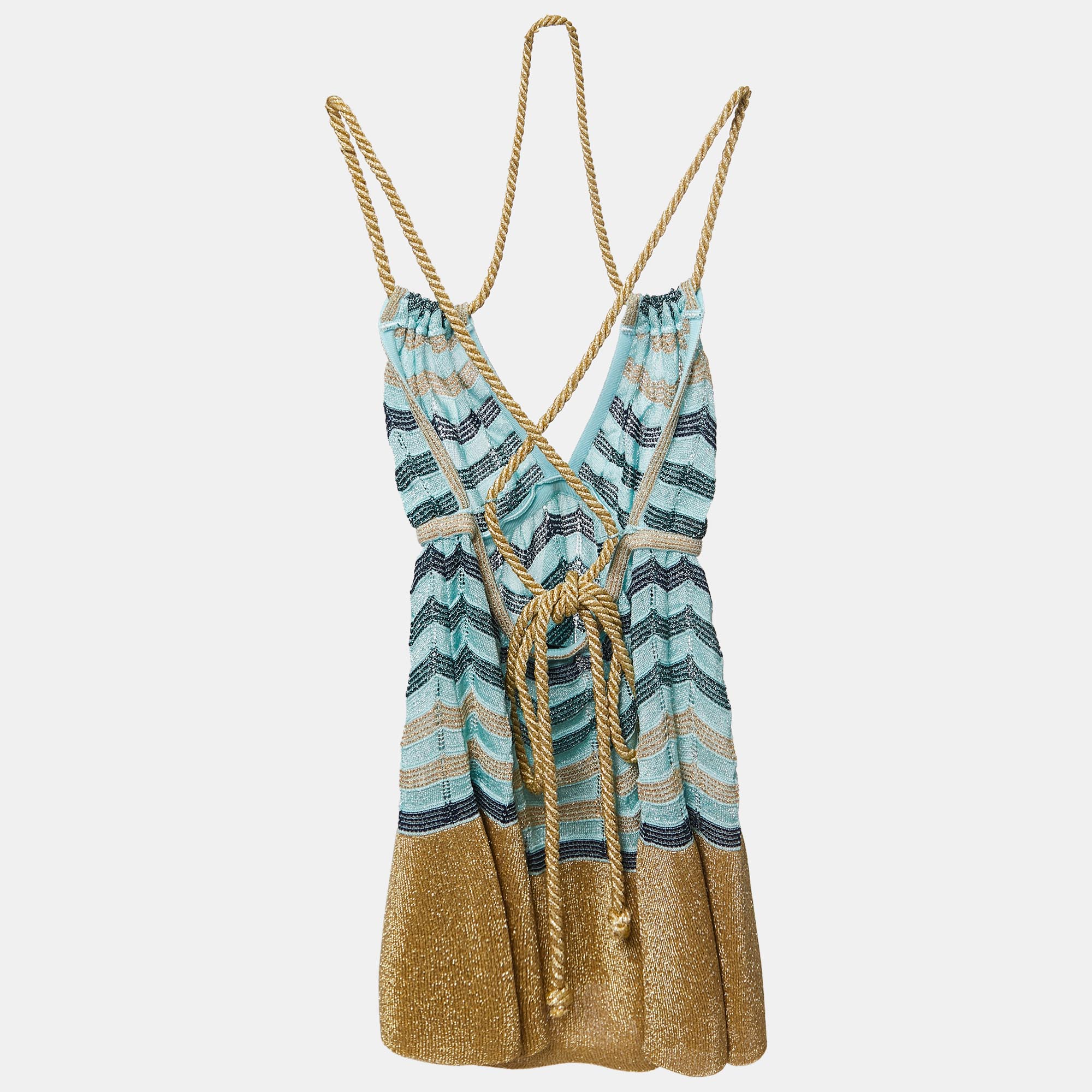 

M Missoni Blue Patterned Lurex Knit Rope Strappy Top