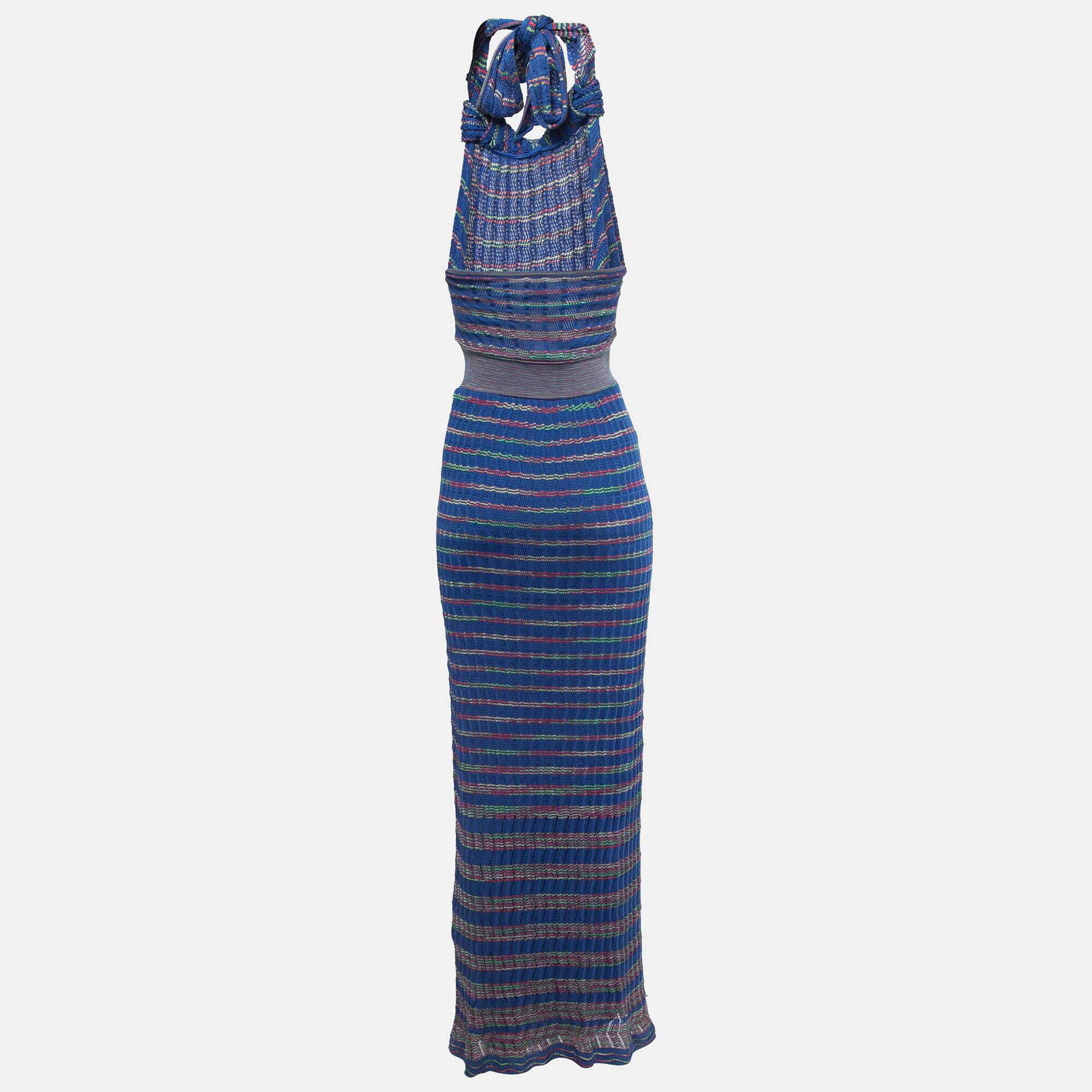 

M Missoni Blue Knit Halter Neck Back open Maxi Dress